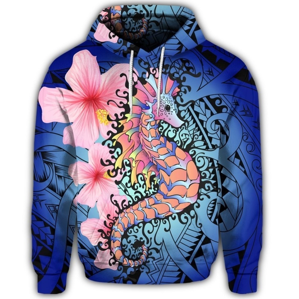 4X Graphic hooded top Hawaiian Hibiscus Seahorse Nautical NWOT